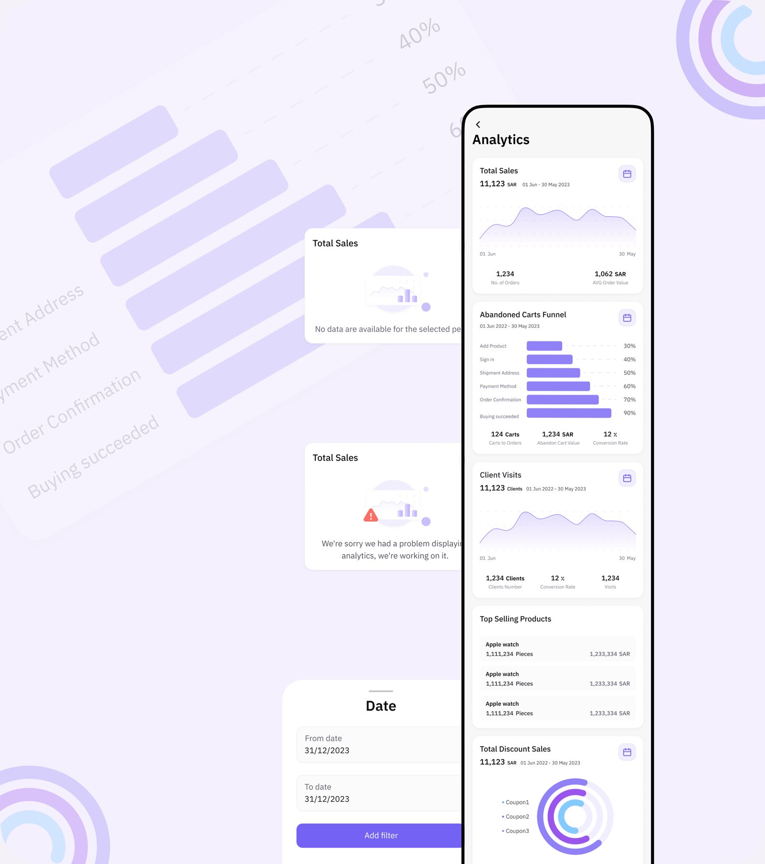 Analytics screen with no-data state, error state and date filter sheet