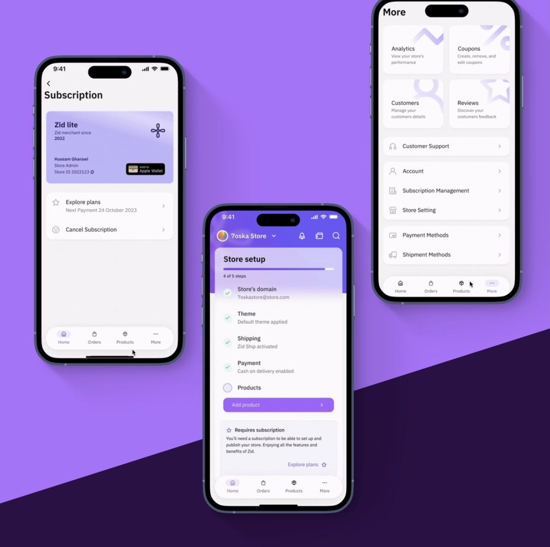 Zid app subscription screen, store setup checklist with requires subscription note, and More menu with subscription management