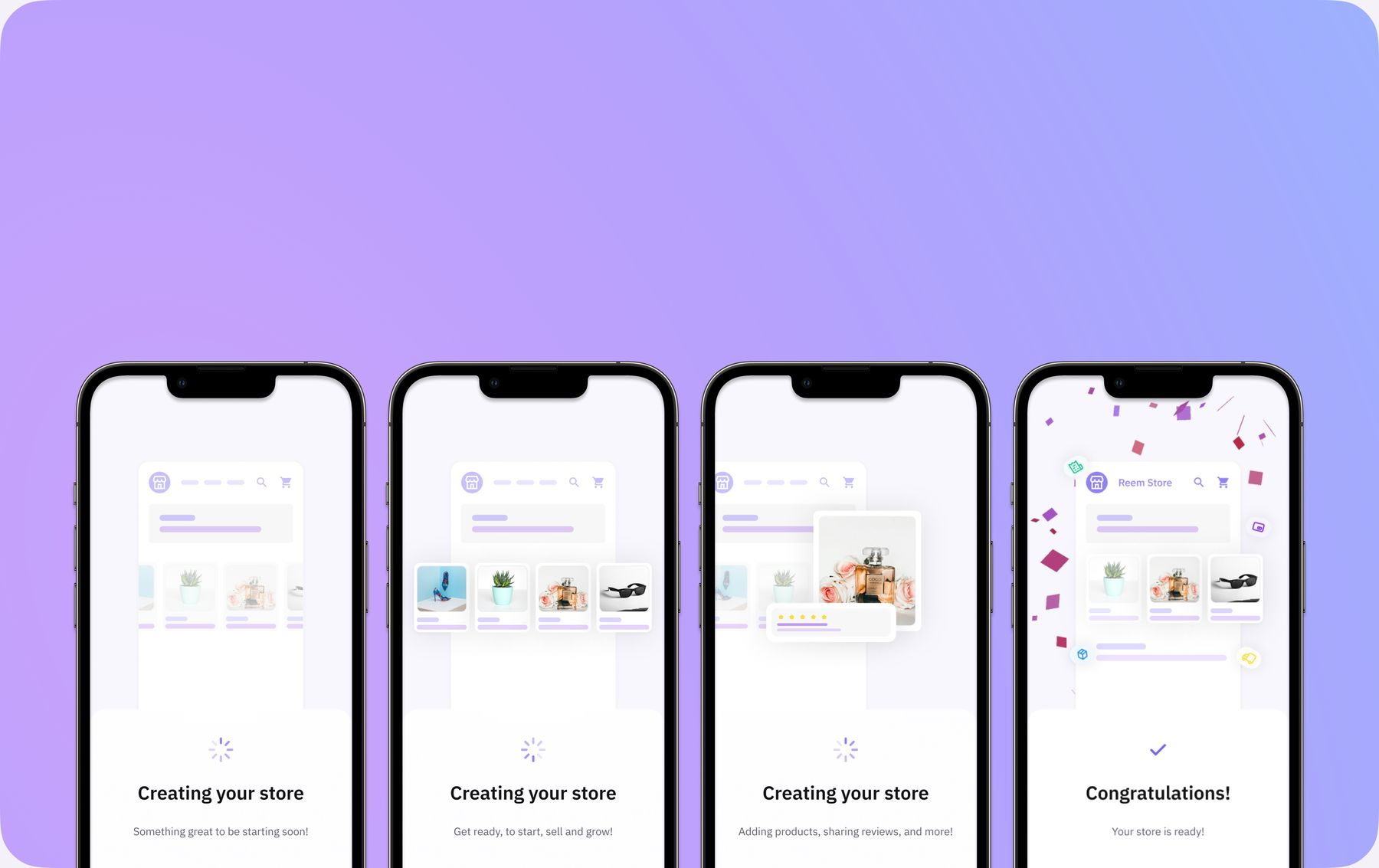 Creating your store animation sequence ending with Congratulations, your store is ready