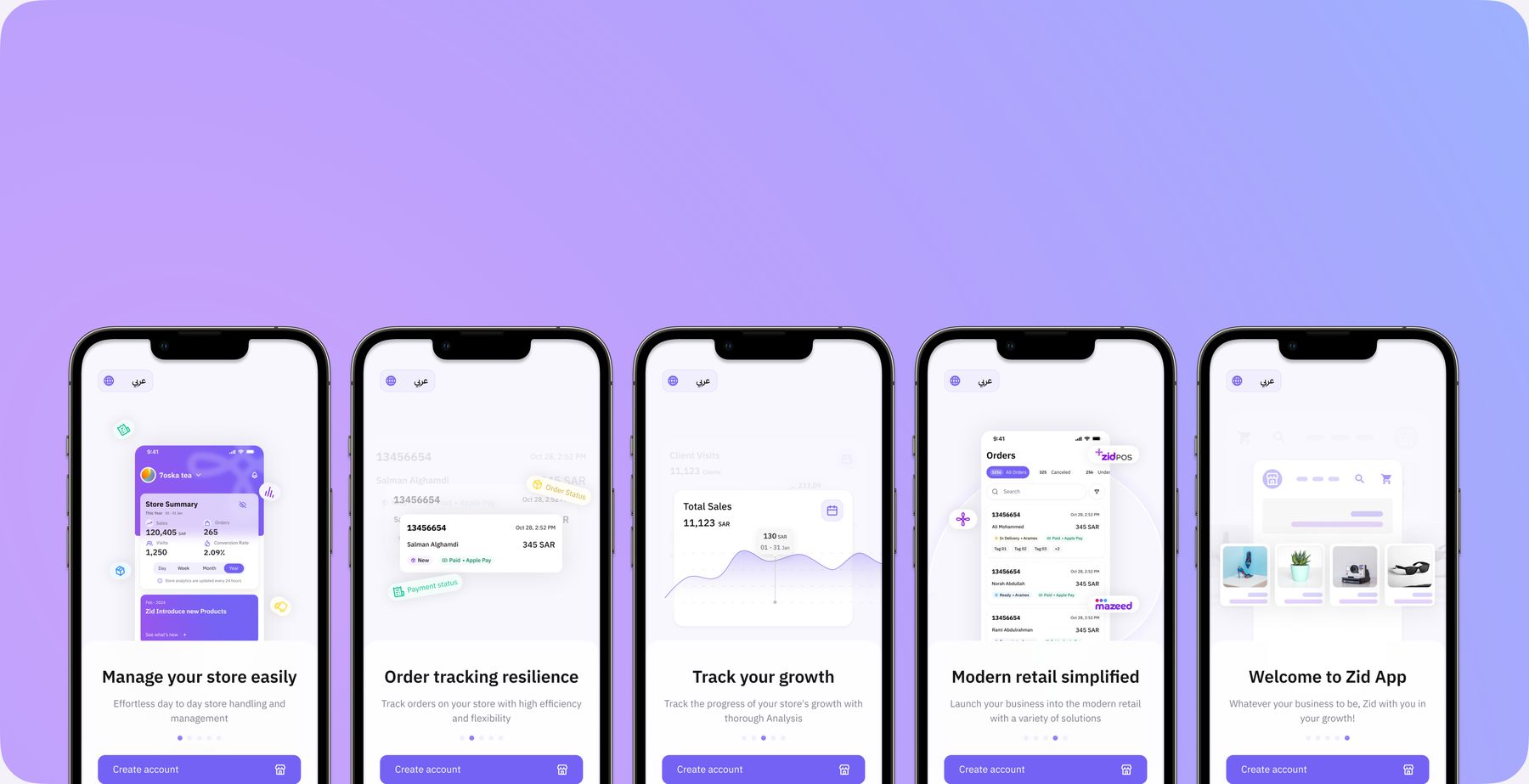 Zid app welcome screens: manage your store, order tracking, track your growth, modern retail, welcome